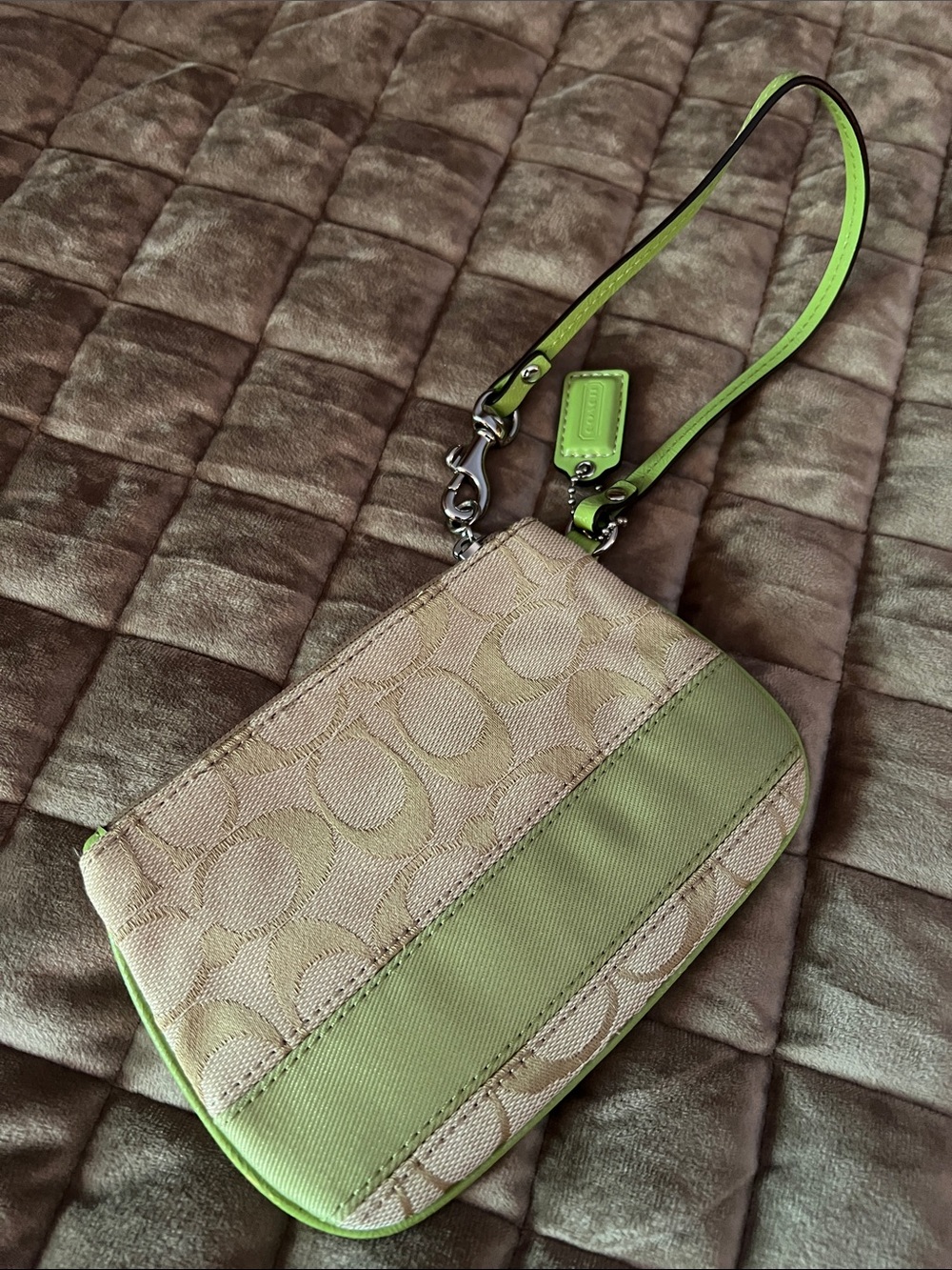 Coach Khaki Jacquard Wristlet with Lime Trim